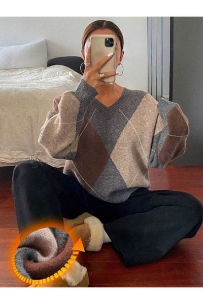 Dier Moda Tricotaj de damă maro cu model Argyle cu decolteu în V Pulover de damă