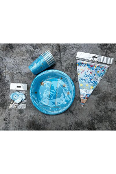 Party Partycom mavi '' 1 YAŞ temalı'' 8'li tabak-bardak,iyi ki doğdunflama,kü...