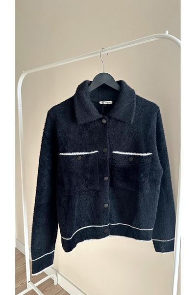 Maldia Shop Γυναικεία ζακέτα Polo Neck Angora Black με τσέπες