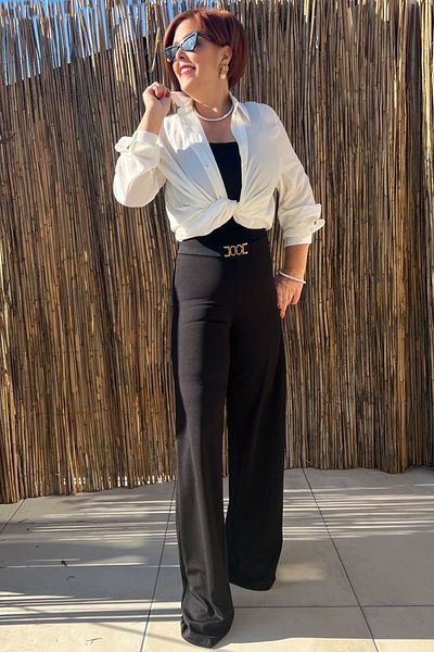 Curly Black Waist Buckle Pants