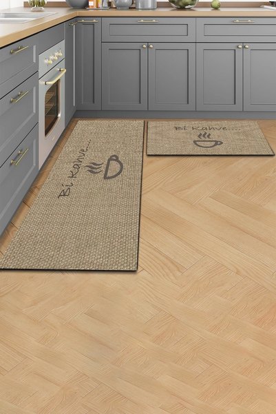Valerine Life Mutfak Yolluğu Halısı Bi Kahve Fincan Krem Renk Tezgah Önü Paspası İkili Kilim Takımı