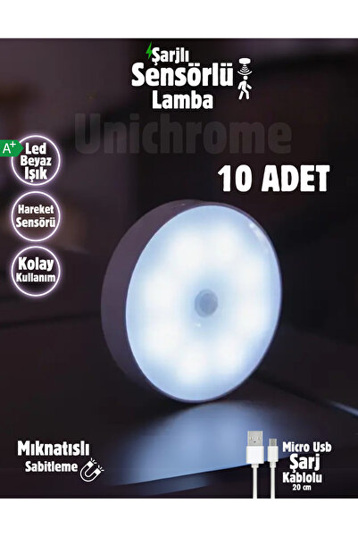 Unichrome 10 Adet Hareket Sensörlü 8 Ledli Usb Şarjlı Beyaz Led Işık On/auto/...
