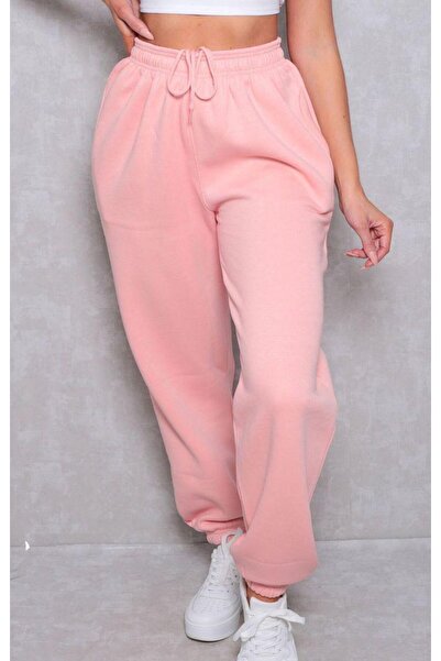 yg ydn giyim Pembe Jogger 3 İplik Lastik Paça Eşofman Altı kadın
