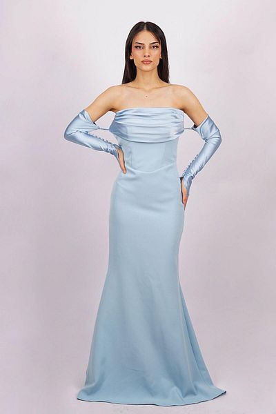 SpringStore Rochie de seara albastra fara bretele cu maneca lunga