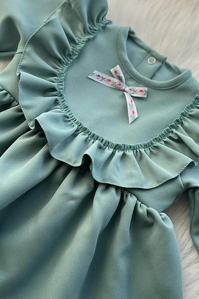 Bertuğ Bebek Mint Green Vintage Crepe Design - Baby Girl Dress with Ruffle and Lace Detail
