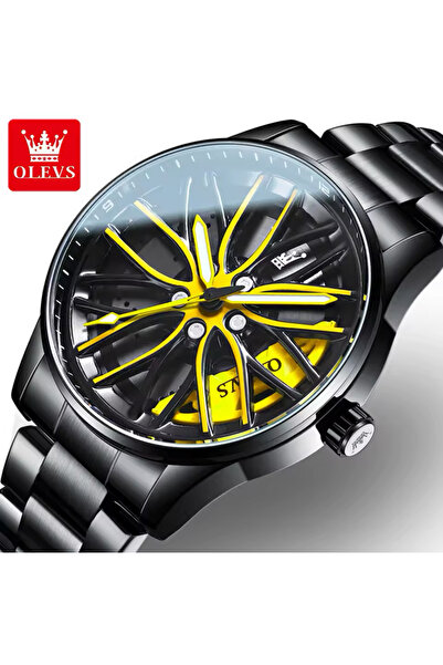 OLEVS Su Geçirmez Şık Jant Spor Araba Modeli Içi Dönen Erkek Kol Saati Iç Kadran Sarı Renk