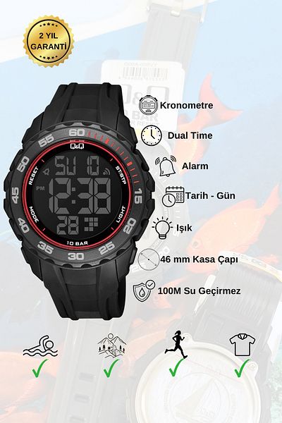 Q&Q Silicone Band Men's Wrist Watch with Digital Stopwatch Calendar