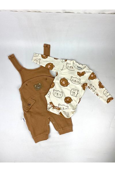 MYZİ STORE Baby Boy 3-Piece Romper Set - Teddy Bear Patterned Badi Bear Embroidered Green Salopet and Socks Set Cotton