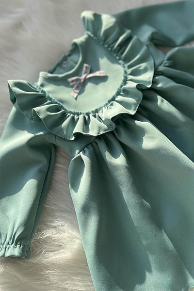 Bertuğ Bebek Mint Green Vintage Crepe Design - Baby Girl Dress with Ruffle and Lace Detail