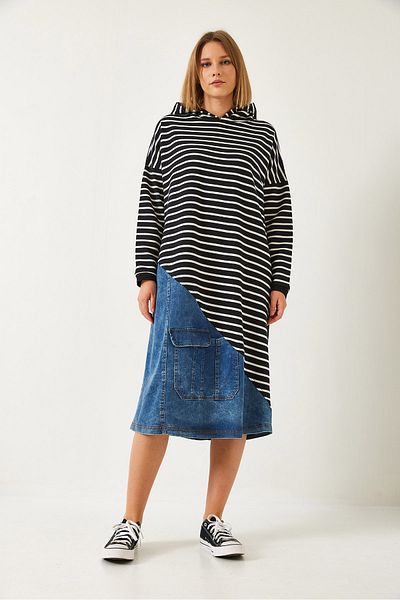 Bianco Lucci Women's Hooded Striped Hemline Denim Detail Dress 8047 60351352