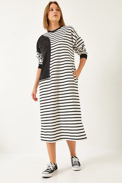 Bianco Lucci Women's Striped Single Pocket Denim Garnished Long Dress 8199 60351351