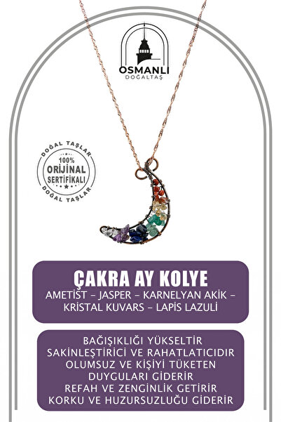 OSMANLI DOĞAL TAŞ Çakra Gümüş Ay Kolye Ametist, Jasper, Karnelyan Akik, Kristal Kuvars, Lapis Lazuli