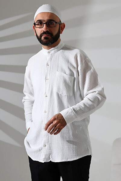 ihvan online Ανδρικό λινό πουκάμισο με μακρυμάνικο γιακά δικαστή λευκό