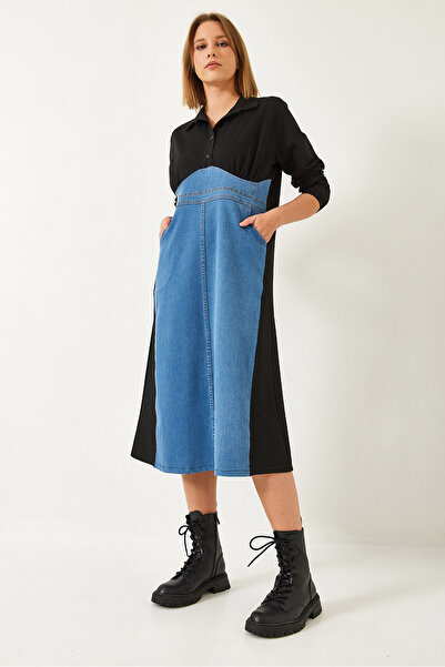 Bianco Lucci Kadın Gömlek Yaka Denimli Uzun Elbise 8132 60351357