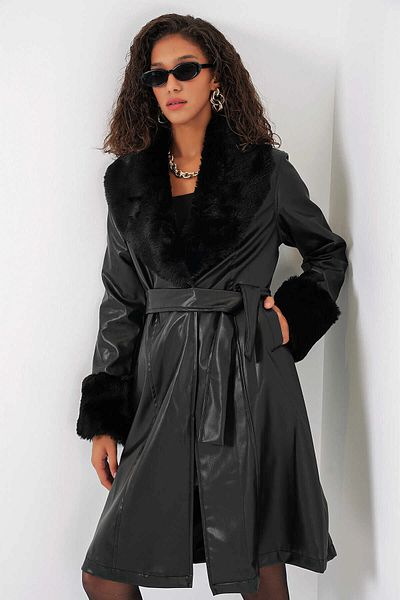 hazelin Women's Black Fur Collar Belted Faux Leather Coat Hzl25W-Bd 110451
