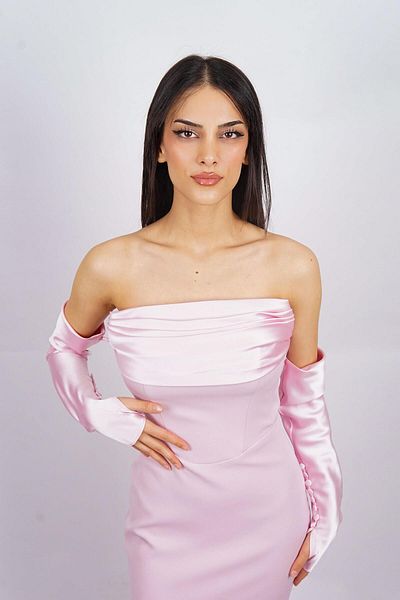 SpringStore Rochie de seara cu maneca lunga fara bretele pudra