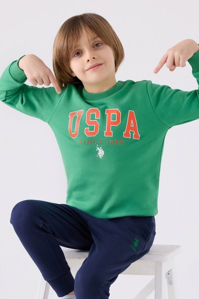 U.S. Polo Assn. Set de trening verde pentru băieți, cu gât rotund, imprimat, de iarnă, croială normală US1915-C-V4