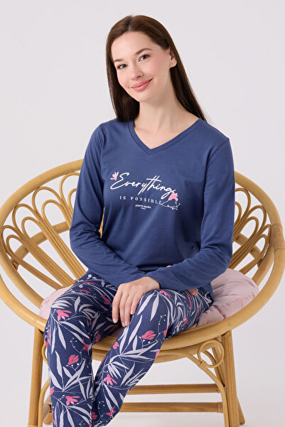 Pierre Cardin Kadın Mavi Uzun Kol Pijama Takım