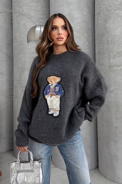 Ded COLLECTION Pulover de damă, cu croială relaxată, cu decolteu rotund, cu textura moale, cu ursuleț