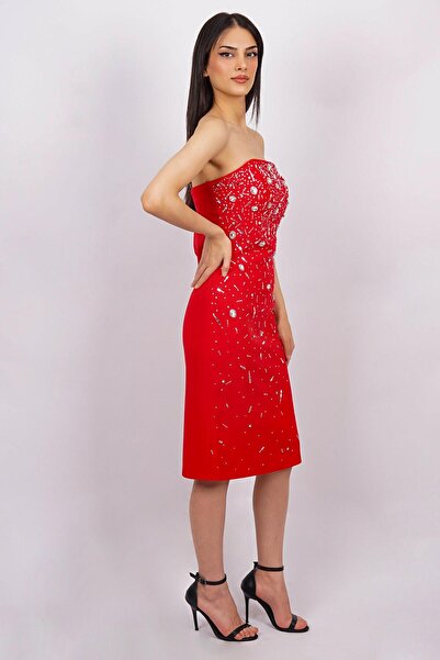 SpringStore Kırmızı Straplez Taşlı Kısa Abiye Elbise