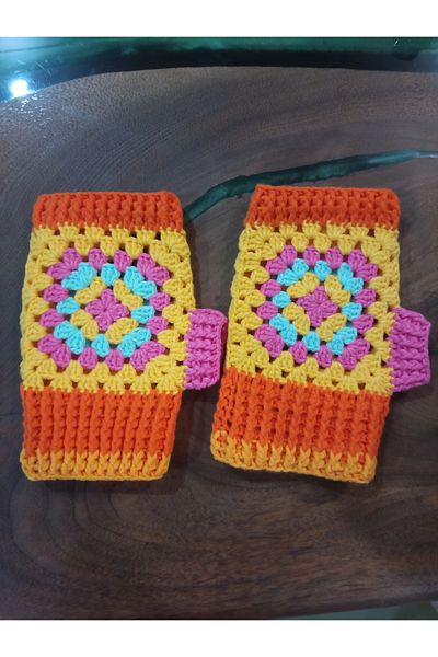 Handmade Orange Motif Fingerless Knitted Gloves