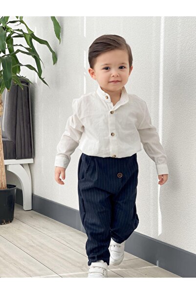 favorimkids Navy Blue Striped Linen Suit Cotton