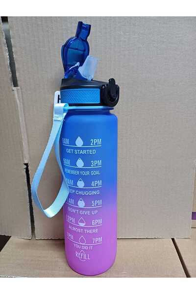 Dükkanönü Purple Blue Lockable Leak Proof Lid Flask with Straw and Motivational Lettering Flask 1 Liter