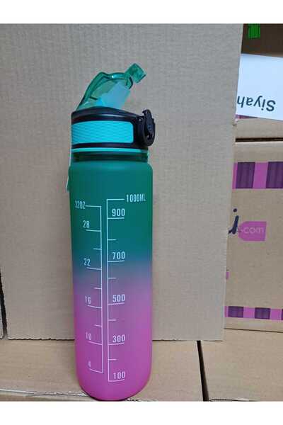 Dükkanönü Pink Green Lockable Leak Proof Lid Flask with Straw and Motivational Lettering Flask 1 Liter