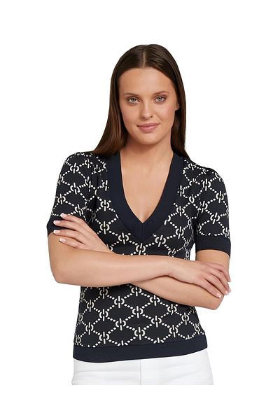 MAMAYAGA Women's V-Neck Patterned Half Sleeve Knitwear Sweater Blouse