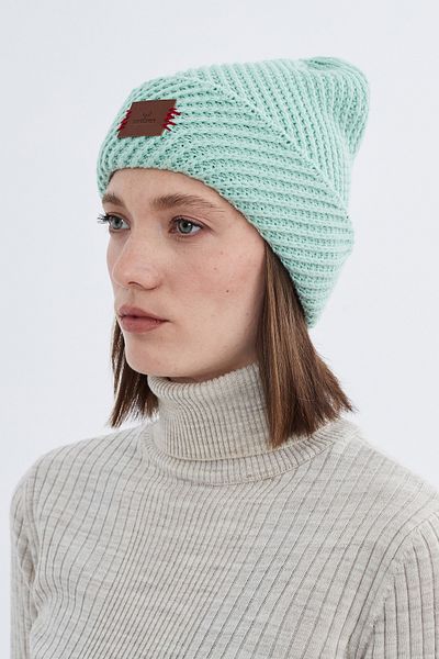 Nordbron Women's Mint Green Knitwear Textured Soft Beret with Logo Stretchy Winter Double Fold Basic Ruqy
