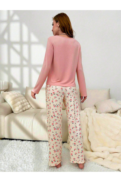BELLA NOTTE V Yaka Pamuklu Uzun Kollu Pijama Takımı