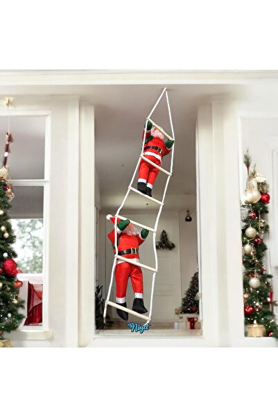 Genel Markalar Merdivene Tırmanan Noel Baba - Tavan Süsü - 2'li - Süsleme - Yılbaşı - Noel - 90cm