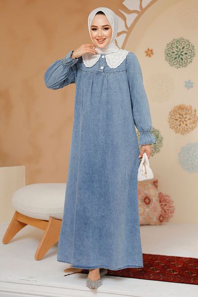 Neva Style Rochie Hijab Albastru Denim Guler Bebeluş 19120M