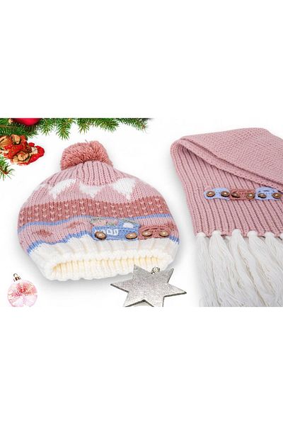 Eke Tekstil 9-15 Years Dusty Rose Pompom Beret and Car Embroidered Tassel Scarf Set