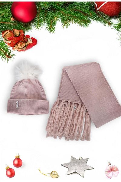 Eke Tekstil Powder Plain Pompom Tasseled 1-8 Years Old Girls' Scarf and Beanie Set
