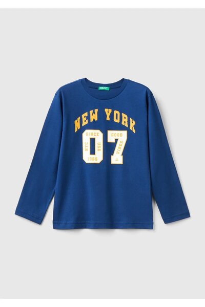United Colors of Benetton Erkek Çocuk Lacivert Önü Baskılı Bisiklet Yaka Uzun...