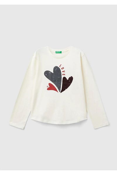 United Colors of Benetton Tricou pentru fete ecru - Detaliu imprimat cu paiete, tiv rotund, maneca lunga