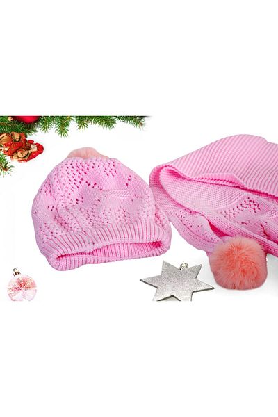 Eke Tekstil Pink Plain Patterned Pompom 1-8 Years Old Children's Scarf and Beanie Set