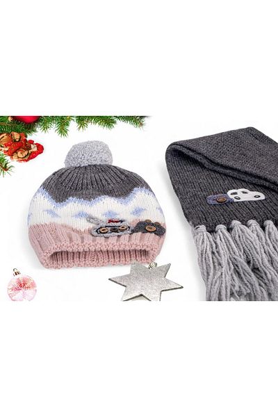 Eke Tekstil Gray Tank Embroidered 1-8 Years Old Children's Scarf and Beanie Set
