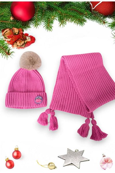 Eke Tekstil Pink Duck Embroidered Children's 1-8 Years Old Scarf and Beanie Set