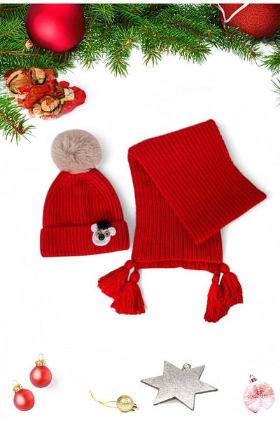 Eke Tekstil Red Animal Embroidered 1-8 Years Old Children's Scarf and Beanie Set