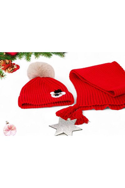 Eke Tekstil Red Animal Embroidered 1-8 Years Old Children's Scarf and Beanie Set