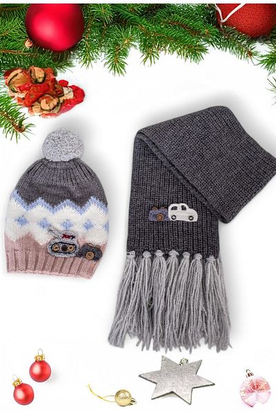 Eke Tekstil Gray Tank Embroidered 1-8 Years Old Children's Scarf and Beanie Set