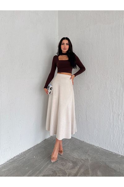 Ozy Fashion Γυναικεία Suede Cream Χρώμα Flared Φούστα