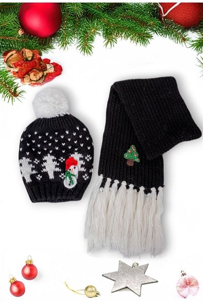 Eke Tekstil 6-12 Years Old Children's Snowman Black Scarf and Beanie Set