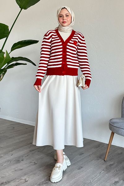 InStyle Κόκκινη πλεκτή ζακέτα με ρίγες καρδιάς