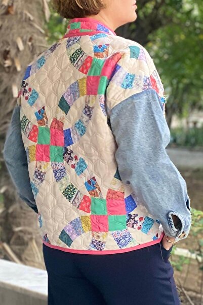 Mia Butik Kadın Krem Patchwork Desenli Ceket