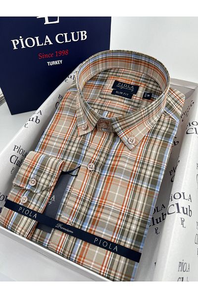 Piola Club Men's Plaid Shirt - Slim Fit, Button-Down Collar, Mustard