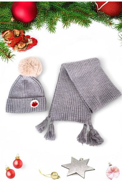Eke Tekstil Gray Duck Embroidered Children's 1-8 Years Old Scarf and Beanie Set