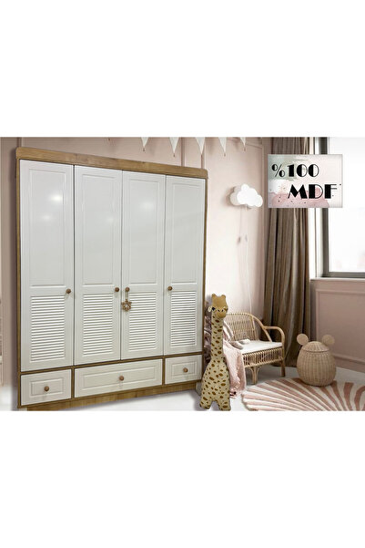 Koza %100 MDF Panjur Ahşap Beyaz 4 Kapılı Bebek&Çocuk Gardrop